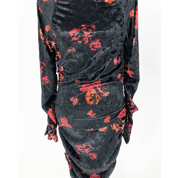 WAYF Women's Clique Velvet Minidress Medium Red Roses Ruched Long Sleeve NWT - Picture 7 of 12